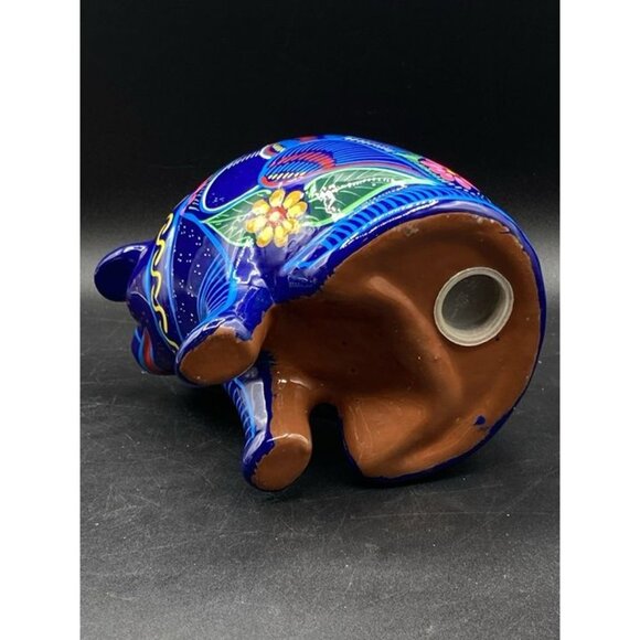 Talavera Mexican Pottery Sad Pig Piggy Bank Bright Blue Birds Folk Art Large 6” - Picture 8 of 9